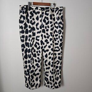H&M Size 14 Satin Straight Crop High-Waisted Trouser Pants White Leopard Print